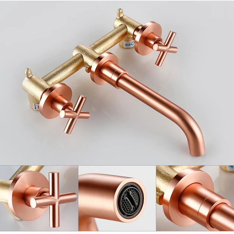 Copper Satin Wall Mounted Cross Handles Lavatory Faucet Set