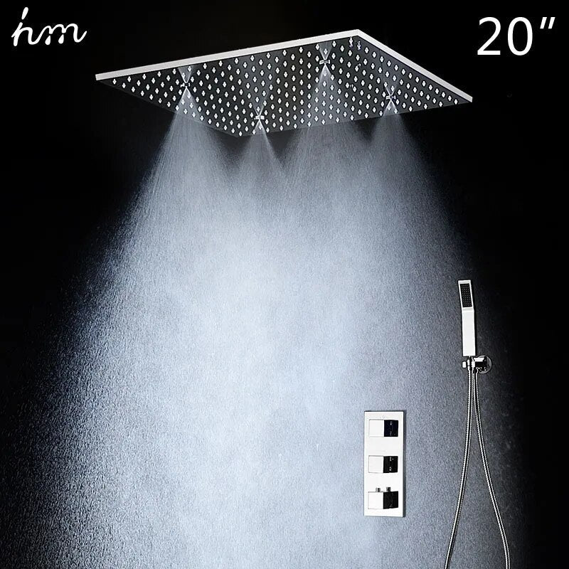 hm High Quality Thermostatic Shower System Set 20Inch Square Ceilling Massage Misty Rainfall Shower Head Faucet Chrome Polished