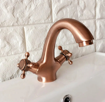 Copper satin victorian hot and cold cross handles single hole bathroo faucet