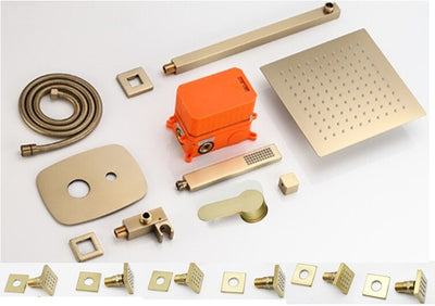 Brushed gold 12" Rain Shower 3 Way diverter System with body jets Kit