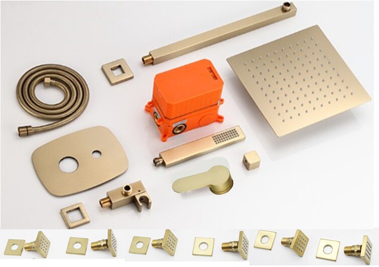 Brushed gold 12" Rain Shower 3 Way diverter System with body jets Kit