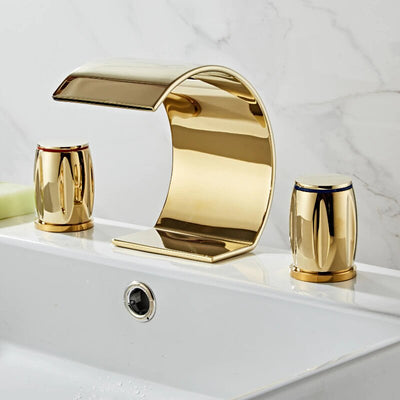 Gold polished waterfall 8" Inch wide Spread Bathroom Faucet