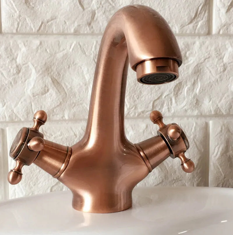 Copper satin victorian hot and cold cross handles single hole bathroo faucet