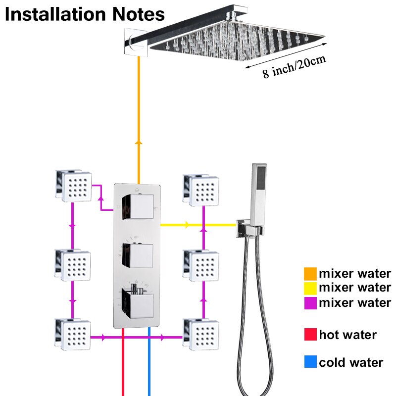 Chrome square rain head thermostatic 3 way function diverter shower kit