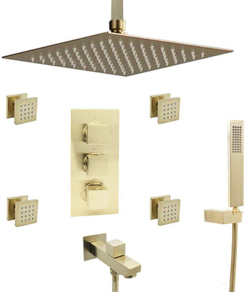 Louis XIV -Brushed gold CSA 12" Rain head 4 way function thermostatic shower spa system kit