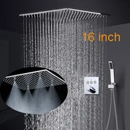 Chrome Square 16 Inch Flush mount ceiling rain head Thermostatic Spa shower system set