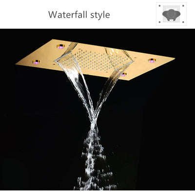 Gold Polished Ceiling Flushmount LED-Waterfall Raind Head Size  20"X 14"  or 4 Way Mixer Valve Thermostatic Shower Kit