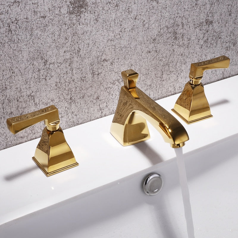 Art deco Gold polished brass 8" Inch wide spread bathroom faucet