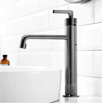 Brushed gold-Grey Gun short bathroom faucet