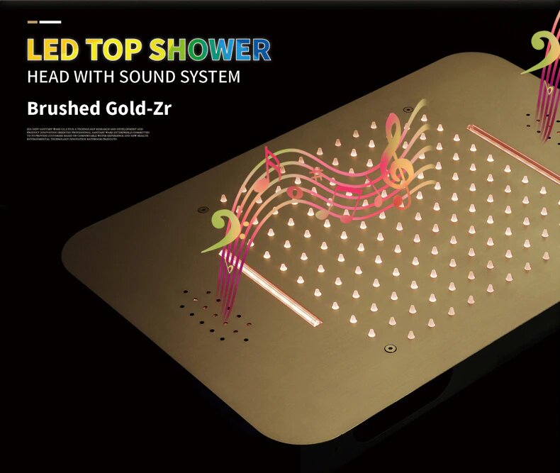 Gold Polished brass 23"x15" Rain Shower Spa Systems Bluetooth Music LED Shower Head Waterfall  Thermostatic Concealed Mixer Shower Speaker