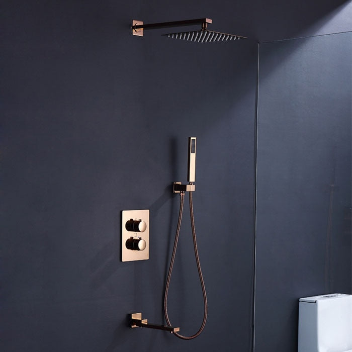 Rose Gold Polished Square 12" Inch Rain head 2 or 3 way function diverter thermostatic shower kit