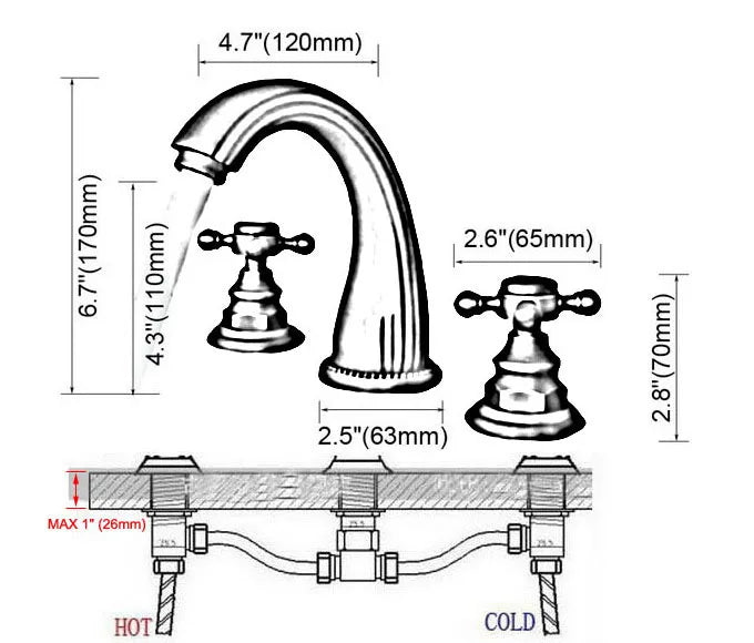 Copper satin victoria cross handle 8" inch wide spread bathroom faucet