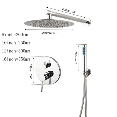 Chrome round CUPC-8-10-12-16 Inch rain head 2 or 3 way function diverter Pressure Balance shower kit