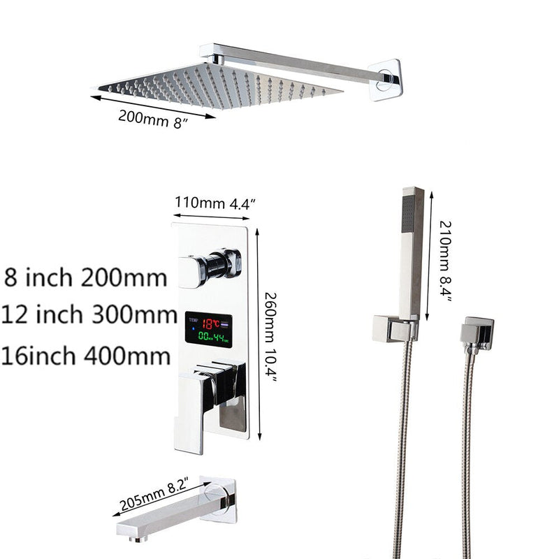 Chrome Square Rain head 2 or 3 way function Thermostactic - Pressure Balance shower kit