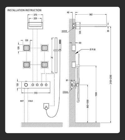 Gold polished - Waterfall- Rain Head Shower Thermostatic 4 Way Complete System Set