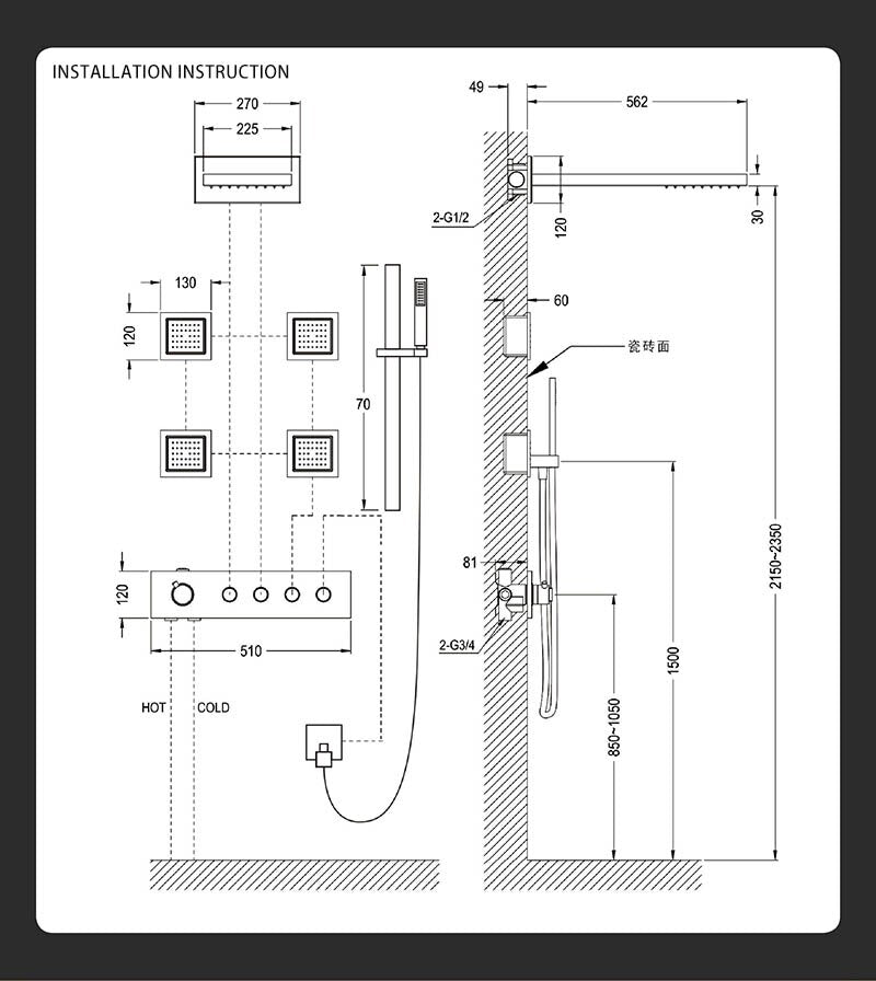 Gold polished - Waterfall- Rain Head Shower Thermostatic 4 Way Complete System Set