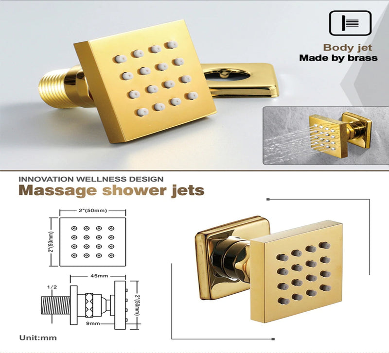 Gold polished led power 3 way function diverter control with 6 body jets shower kit