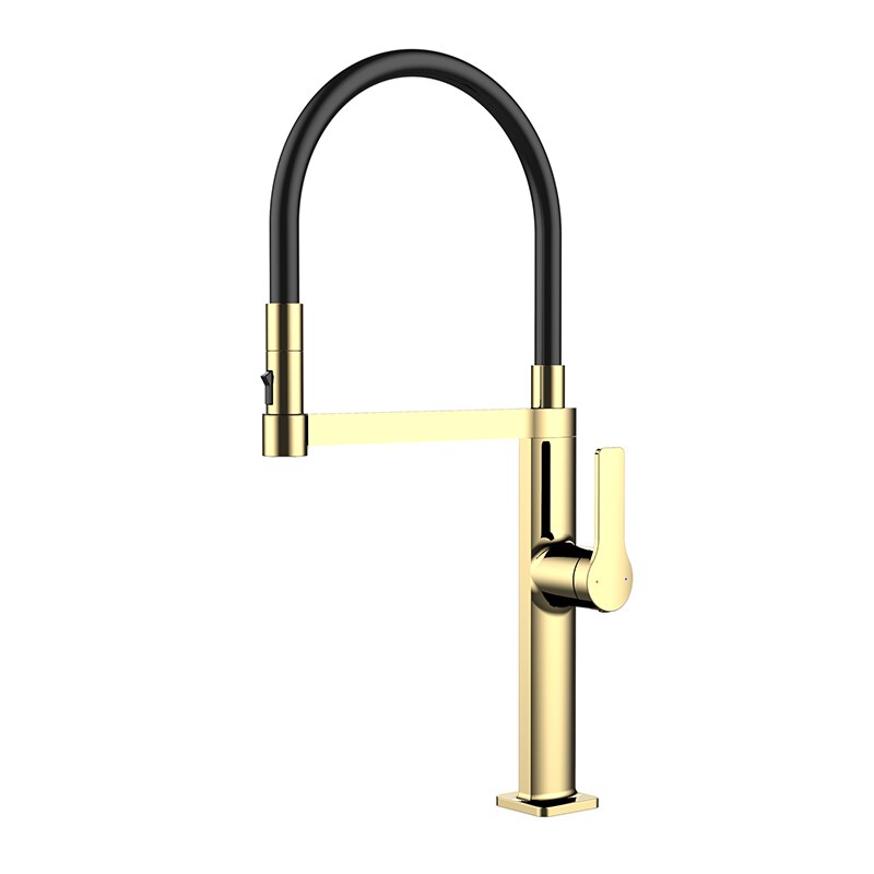 Barolo-Nordic design-Black with brushed gold -black matte- tall 21" pull our dual spray kitchen faucet