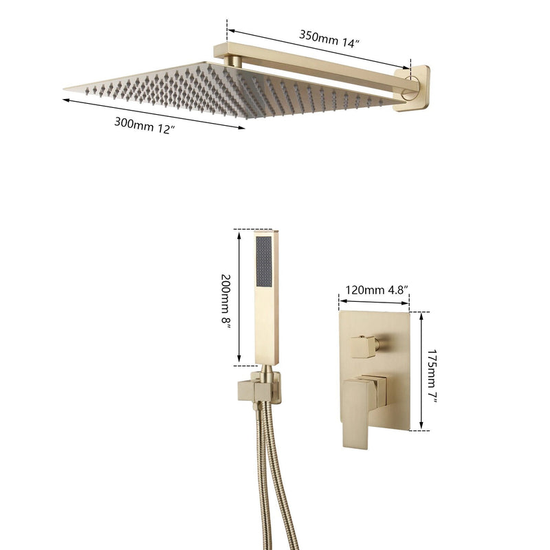 Brushed gold square 12 Inches inch 2 way function diverter shower kit