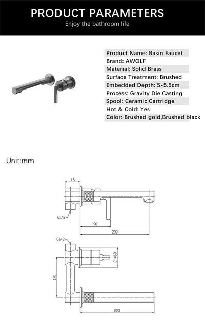 Milno-Brushed gold-Grey Gun  wall mounted bathroom faucet