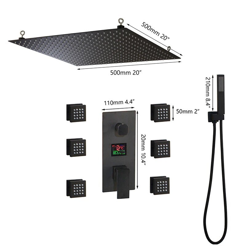 Black Matte- 20" Inch Rain Head - LCD Temperature PB control 3 way function , hand held spray, and 6 body jets sprayersshower kit