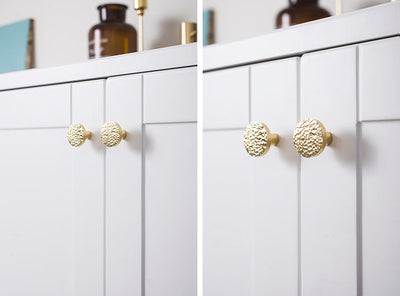 Nordic Gold Polished Hand Hammered Cabinet door handles and knobs.