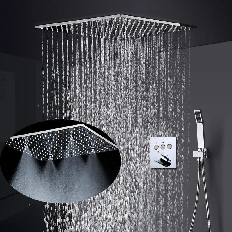 Chrome Square 16 Inch Flush mount ceiling rain head Thermostatic Spa shower system set