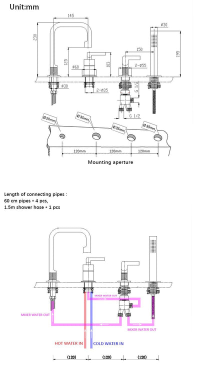 Milano-Grey gun deckmount bathtub filler faucet set 5 holes