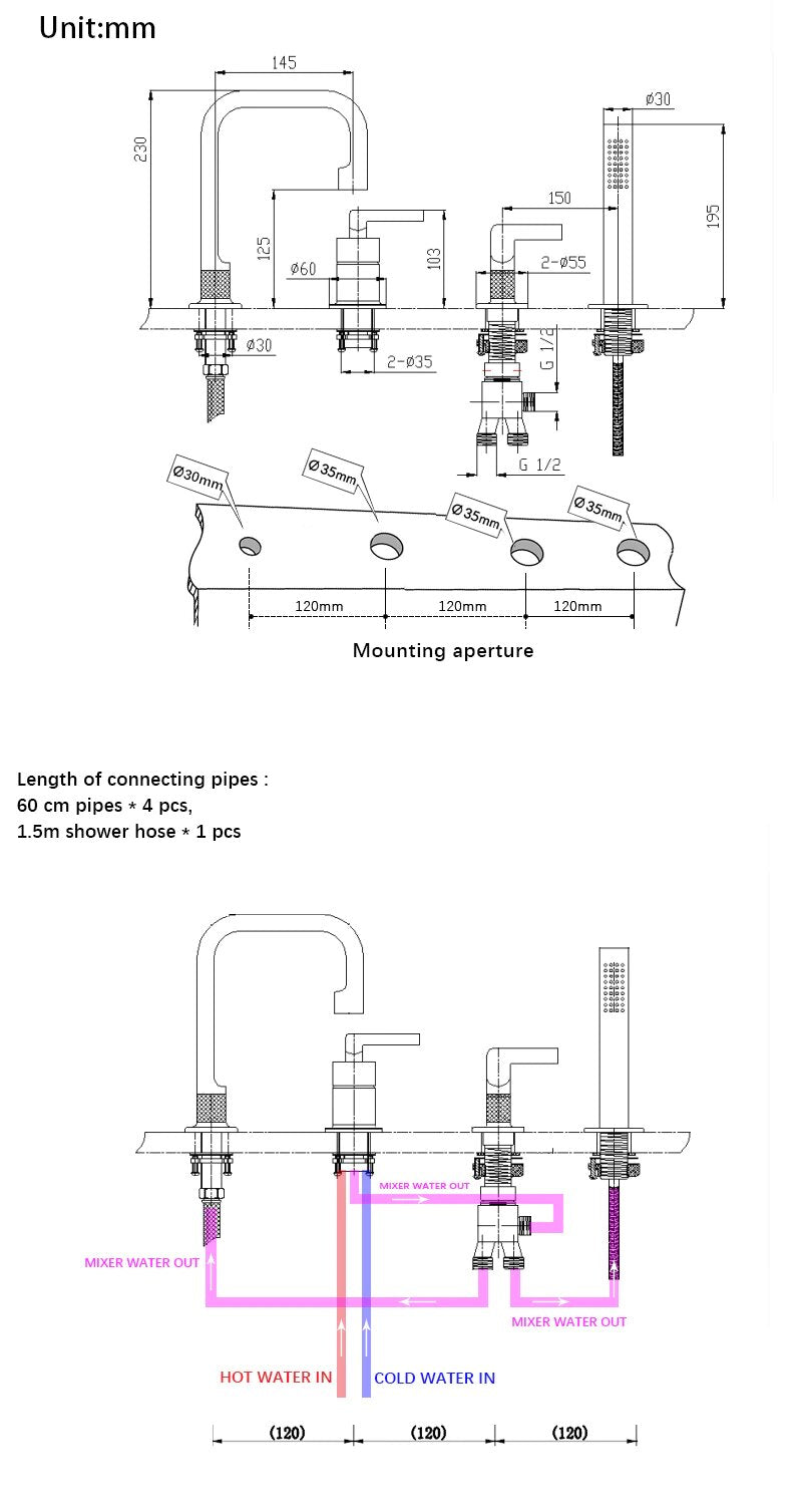 Milan-Brushed Gold - Grey Gun Deckmount Bathtub Filler Kit