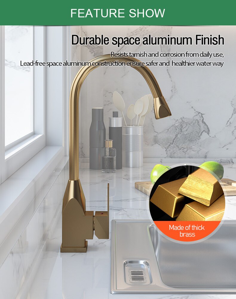 Brushed gold square kitchen faucet dual pull out sprayer