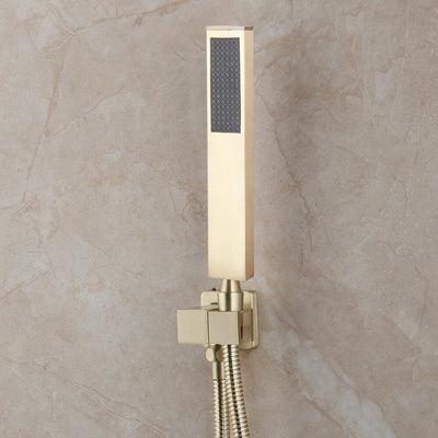 Brushed Gold Thermostatic Shower System Smart LED 23"x15" Ceiling Rain Shower Panel 5 function diverter, hand spray and 6 jet massage spray spa system set