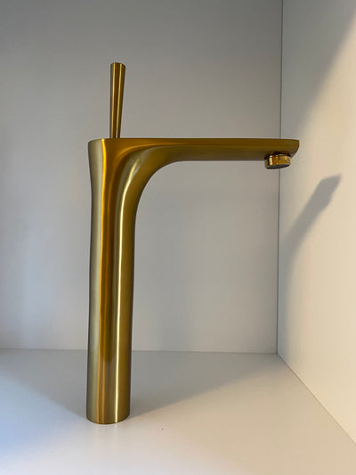 Corvette-Brushed gold tall vessel sink faucet and short single hole bathroom faucet