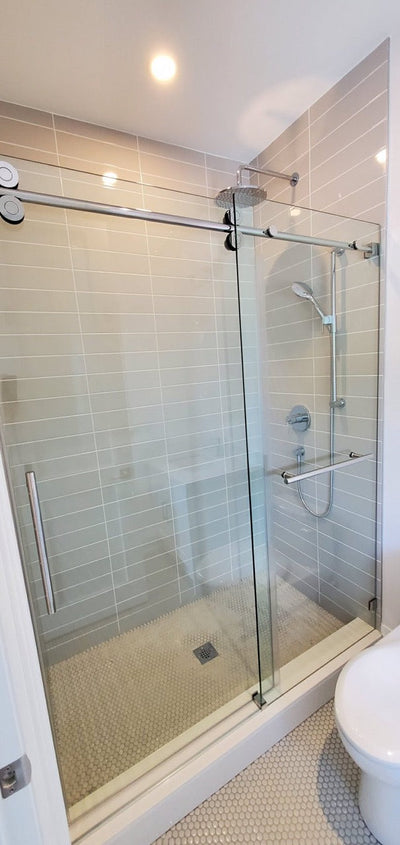 Chrome Frameless Slide Roller Shower Glass Door with Towel Bar 10mm size 60" X 76"