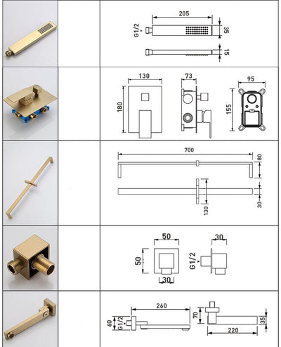 Gold polished - Matte Black-Chrome  Square 4 way  Way Thermostatic Waterfall Rain Head Shower Kit