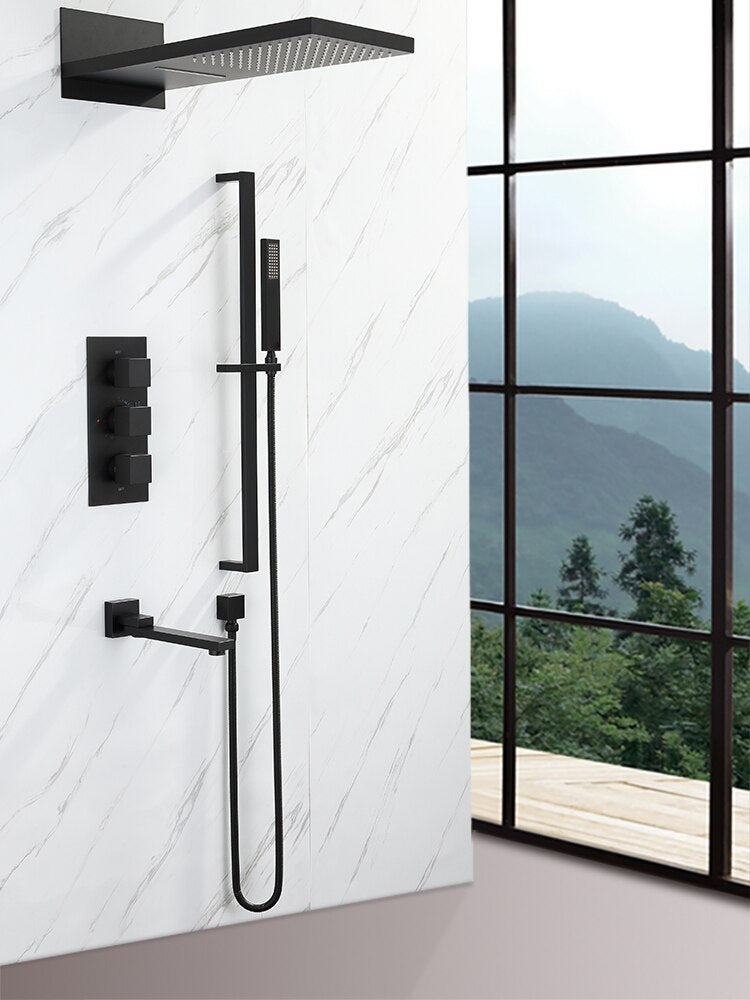 Gold polished - Matte Black-Chrome  Square 4 way  Way Thermostatic Waterfall Rain Head Shower Kit