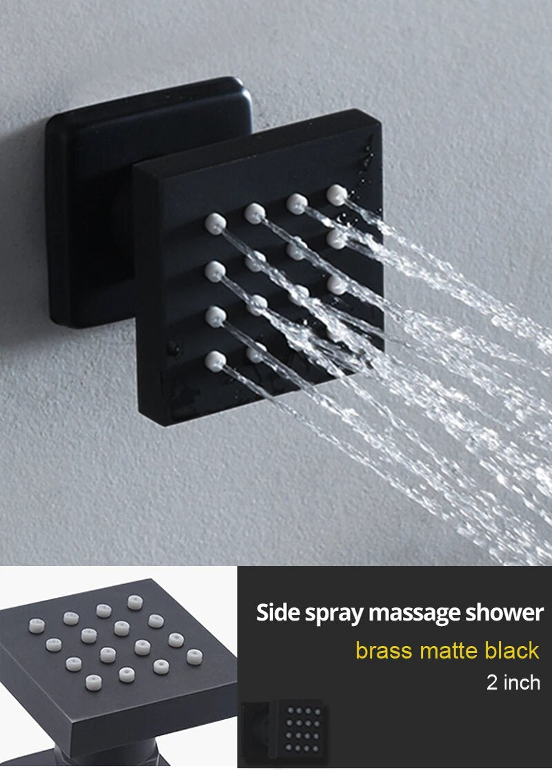 Monster Size 32" x 24" Inch LED Rain Spa Shower System -Matt Black Ceiling Flush Rain Head- Waterfall Shower Panel Head Thermostatic High Flow Shower with 6 body jets massage