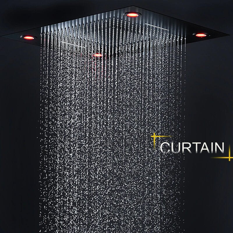 Monster Size 32" x 24" Inch LED Rain Spa Shower System -Matt Black Ceiling Flush Rain Head- Waterfall Shower Panel Head Thermostatic High Flow Shower with 6 body jets massage