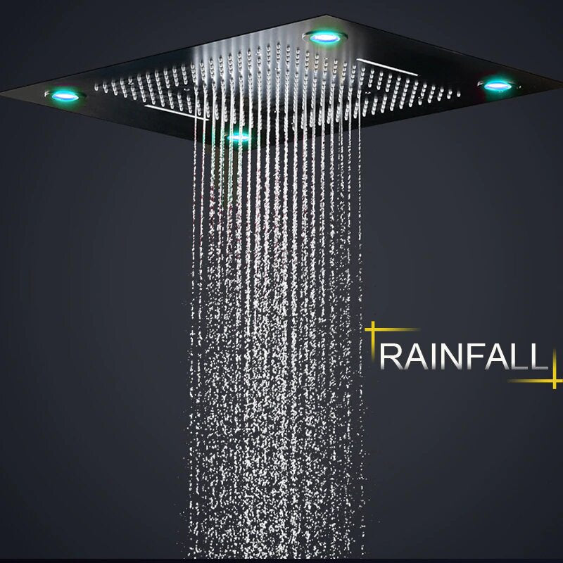 Monster Size 32" x 24" Inch LED Rain Spa Shower System -Matt Black Ceiling Flush Rain Head- Waterfall Shower Panel Head Thermostatic High Flow Shower with 6 body jets massage