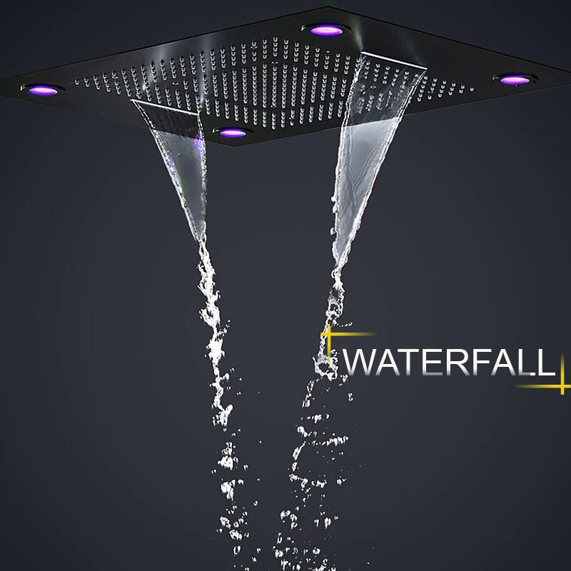 Monster Size 32" x 24" Inch LED Rain Spa Shower System -Matt Black Ceiling Flush Rain Head- Waterfall Shower Panel Head Thermostatic High Flow Shower with 6 body jets massage