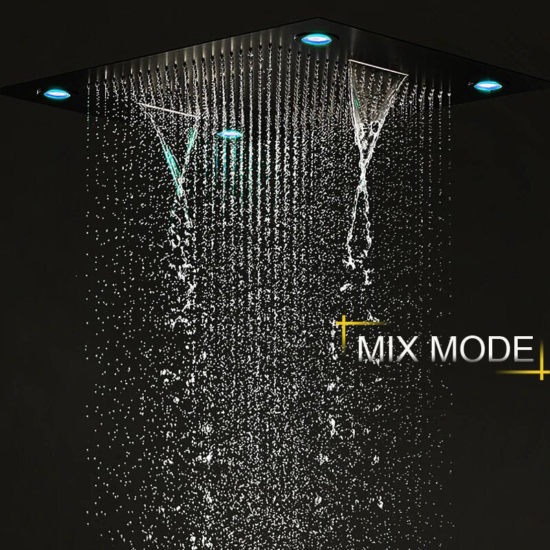 Monster Size 32" x 24" Inch LED Rain Spa Shower System -Matt Black Ceiling Flush Rain Head- Waterfall Shower Panel Head Thermostatic High Flow Shower with 6 body jets massage