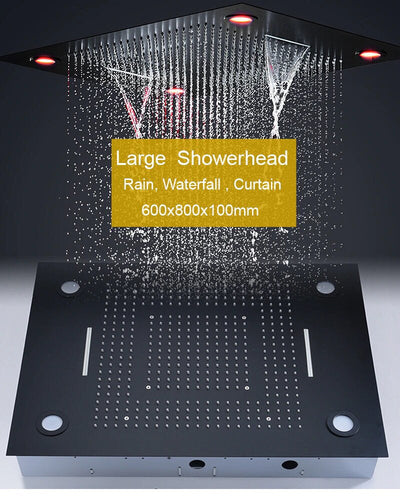 Monster Size 32" x 24" Inch LED Rain Spa Shower System -Matt Black Ceiling Flush Rain Head- Waterfall Shower Panel Head Thermostatic High Flow Shower with 6 body jets massage