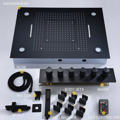 Monster Size 32" x 24" Inch LED Rain Spa Shower System -Matt Black Ceiling Flush Rain Head- Waterfall Shower Panel Head Thermostatic High Flow Shower with 6 body jets massage