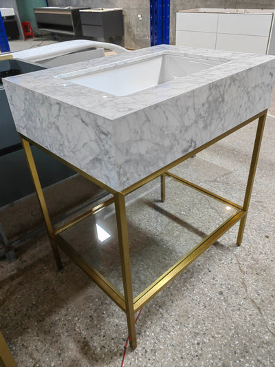 MILANO-Brushed Gold with 6" inches Marble top Exposed Console Victorian Powder Room Bathroom Vanity Set-36" Inches Mirror Set