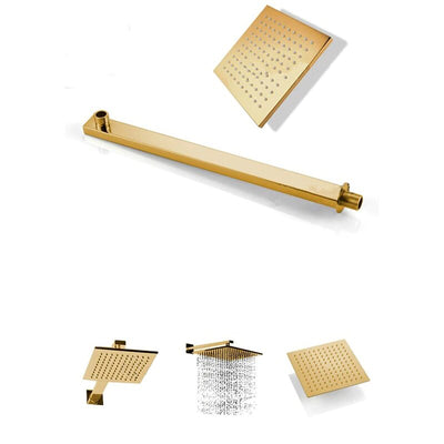 Gold Polished LED Square Rain Head 3 Way Mixer Valve Thermostatic Shower With 6 Body Jet Massage Sprayer Kit