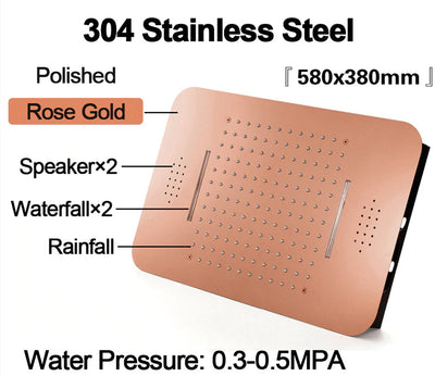 Lisse-Rose Gold Spa Luxury Ceiling Rain Head 23"x15" With Waterfall, Mist Spray and Thermostatic Hand Held Spray X 6 jets shower system