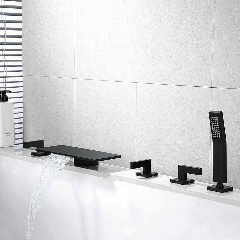 Modern square waterfall 5 pieces deck mounted bathtub filler faucet set