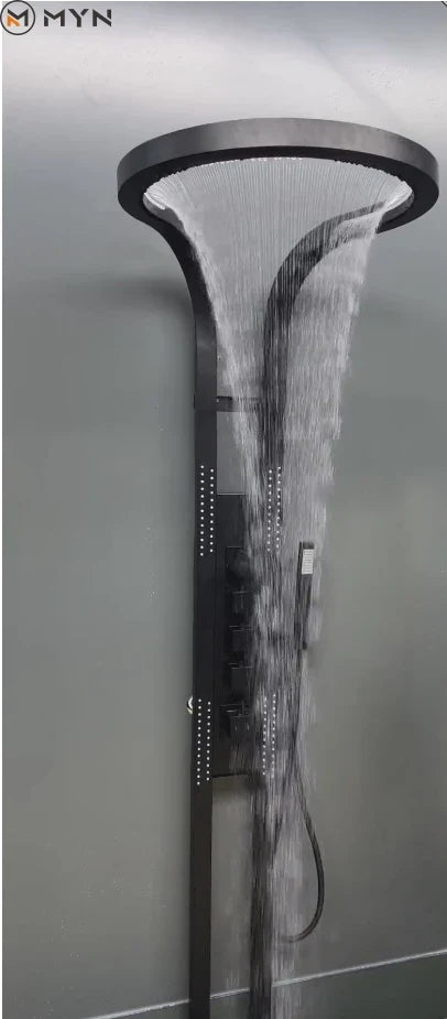 Waterfall Black Brass  Wall Mounted Multifunction Bathroom Waterfall Rainfall Shower Head Set System Panel