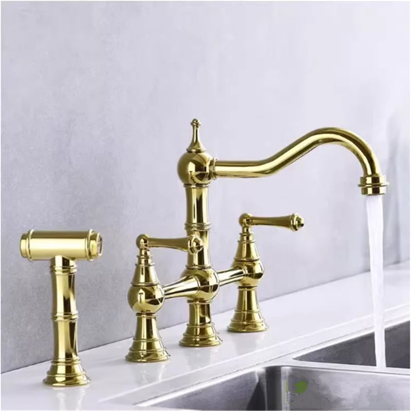 Gold-Black Victorian Bridge kitchen faucet with pull out sprayer