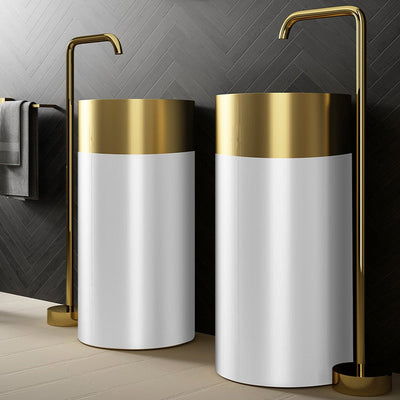 White with Gold Round Stainless Steel Floor Standing Pedestal Sink