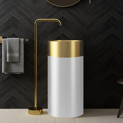 White with Gold Round Stainless Steel Floor Standing Pedestal Sink